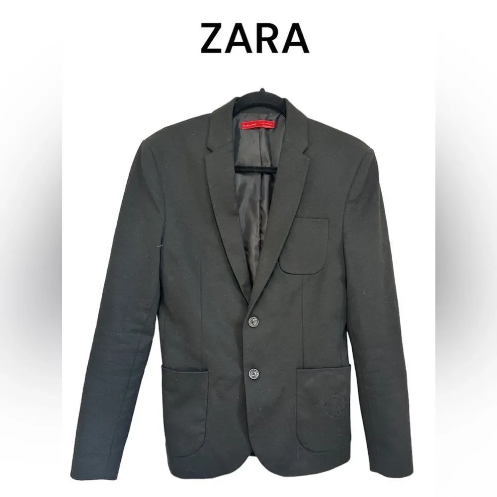 ZARA black two buttons embroidered pocket tailored slim fit blazer jacket S